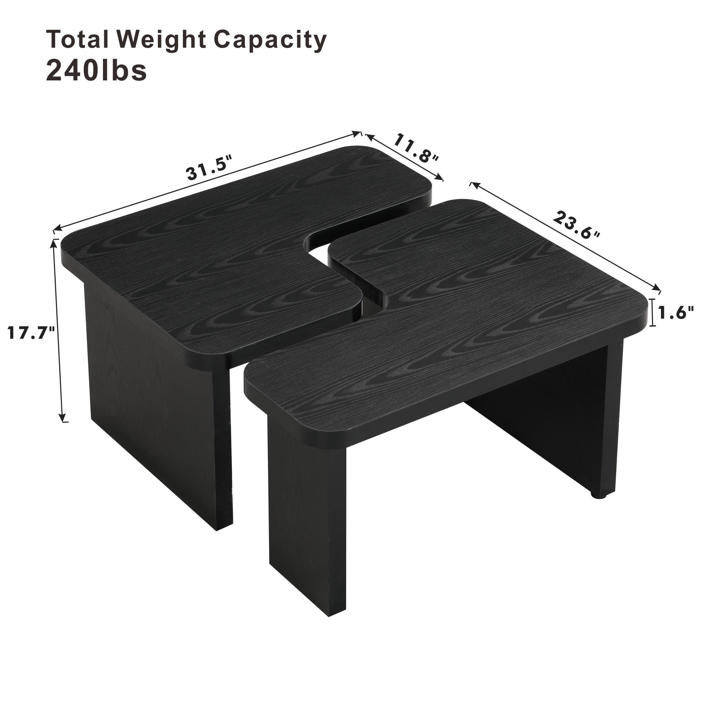 47x24 Inch Black Wood L-Shaped Farmhouse Coffee Table.