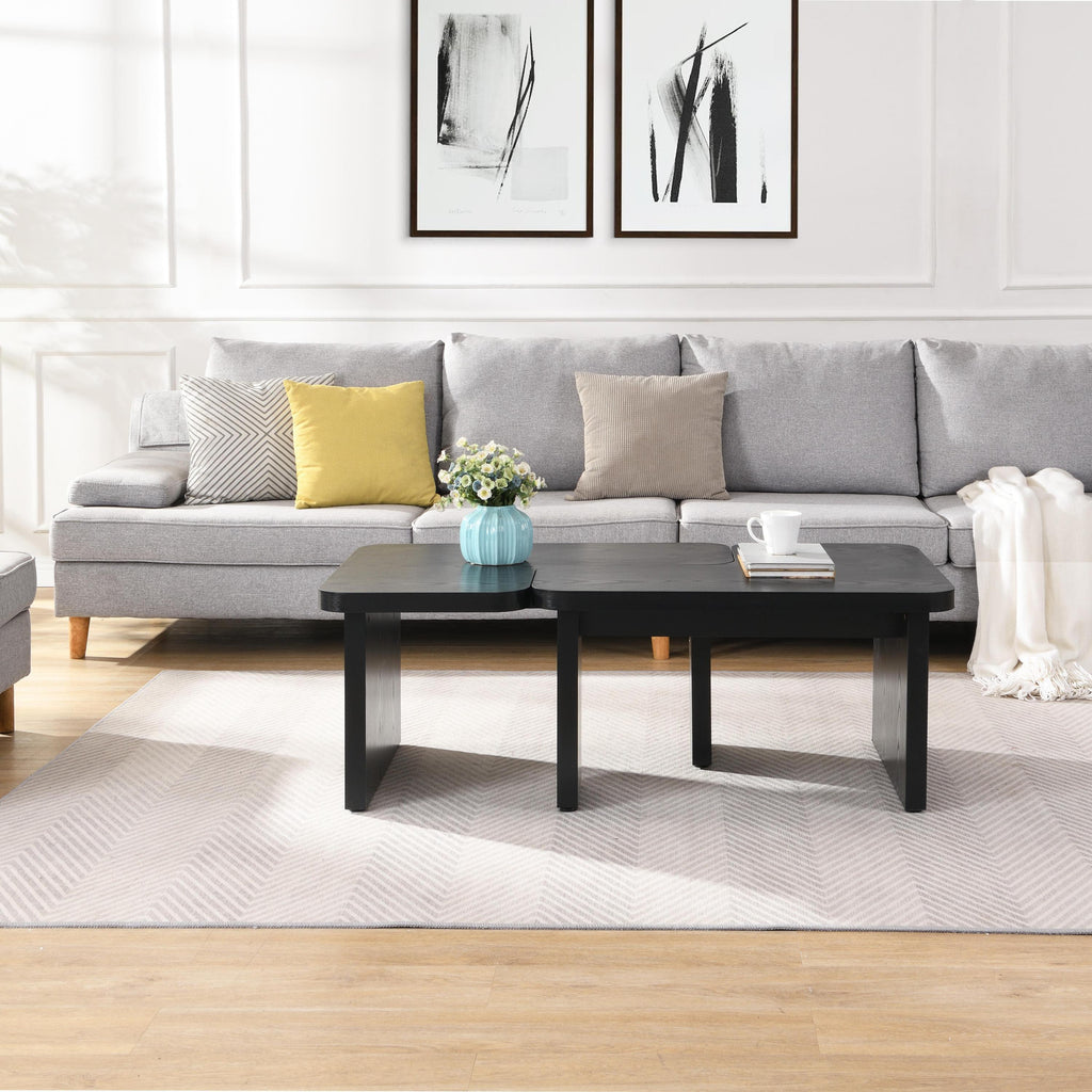 47x24 Inch Black Wood L-Shaped Farmhouse Coffee Table.