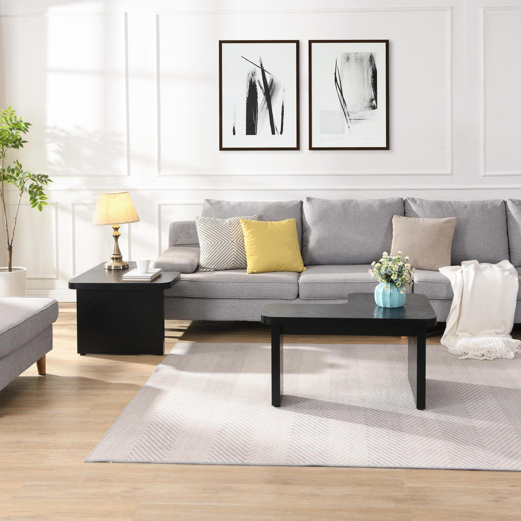 47x24 Inch Black Wood L-Shaped Farmhouse Coffee Table.