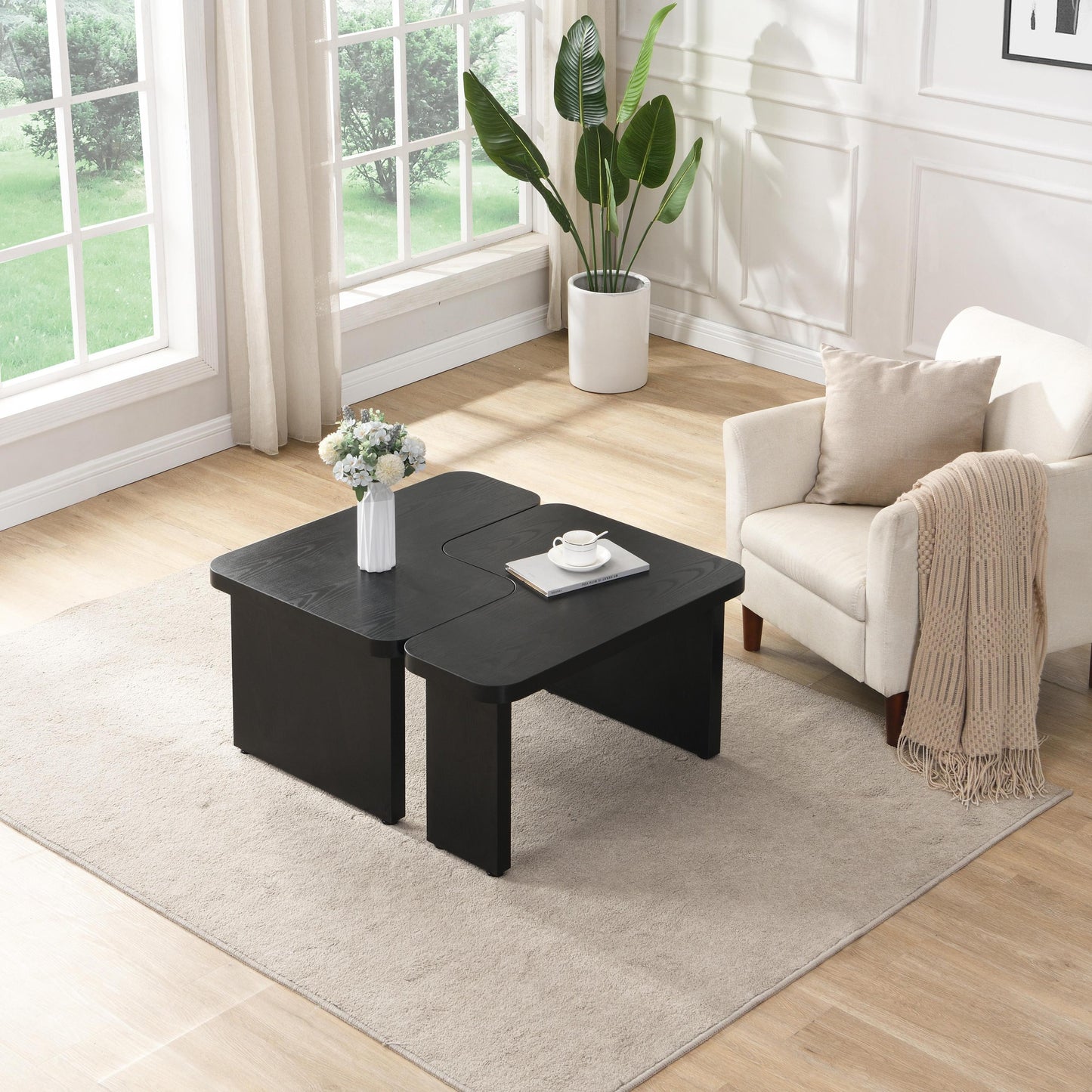 47.24*23.62 inch and 35.43*31.49 inch Rectangle Wood Detachable Coffee Table, Single L Shape Farmhouse Coffee Table for Dining Room, Garden, black