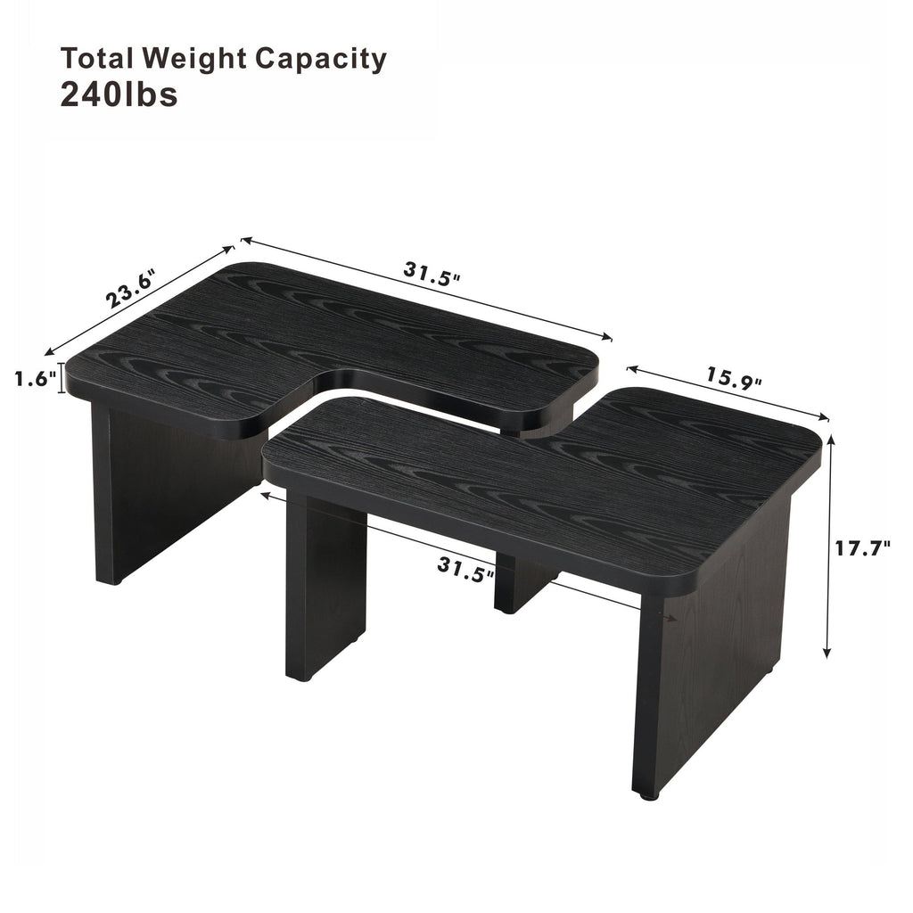 47x24 Inch Black Wood L-Shaped Farmhouse Coffee Table.