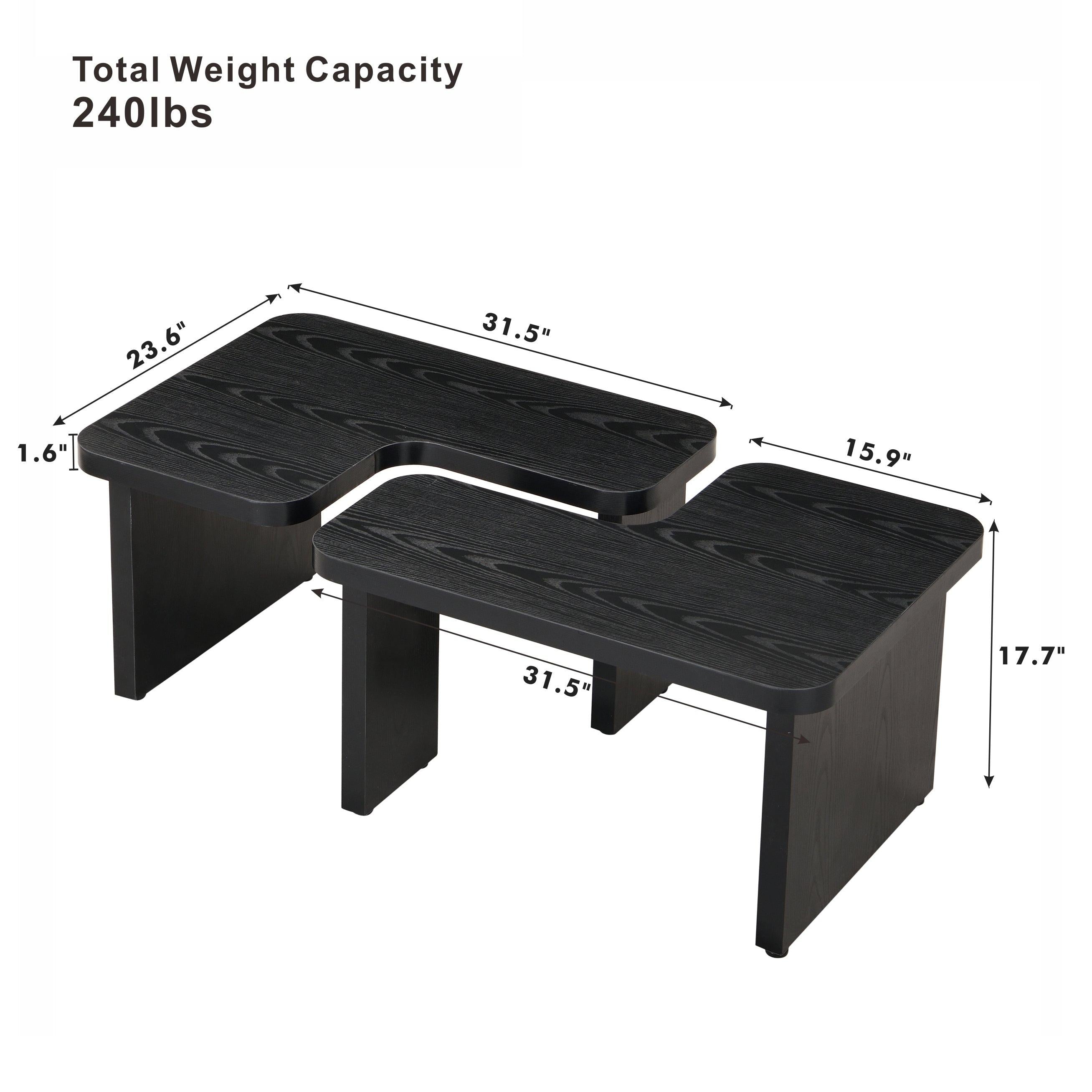 47x24 Inch Black Wood L-Shaped Farmhouse Coffee Table.