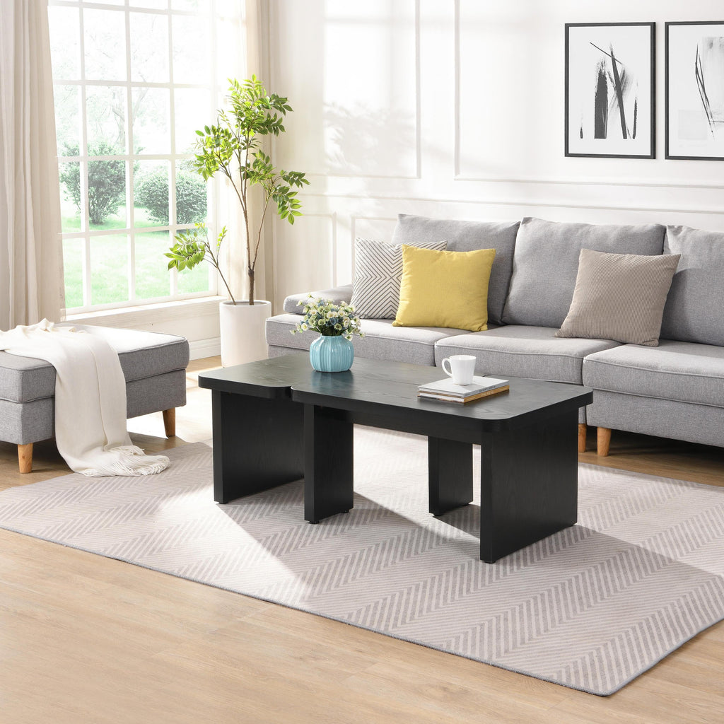 47x24 Inch Black Wood L-Shaped Farmhouse Coffee Table.