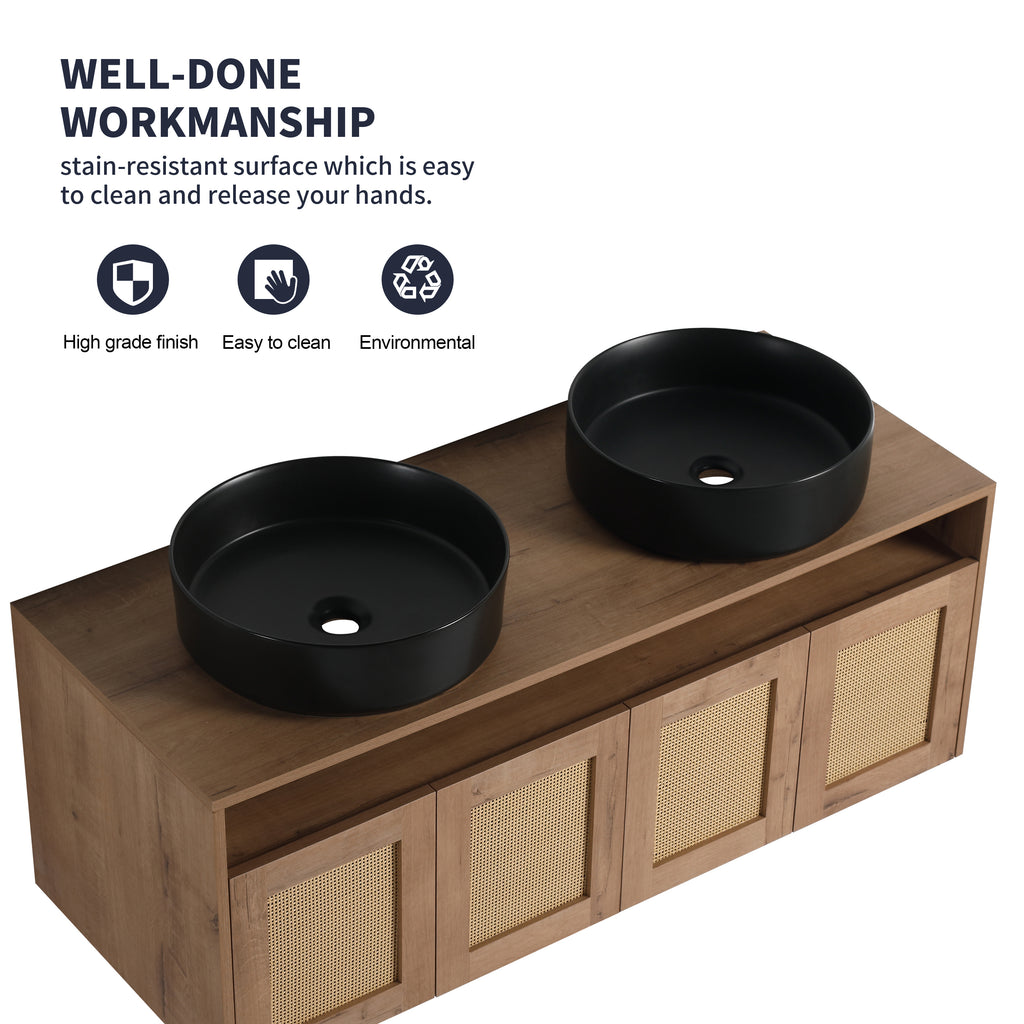 48' Bathroom Vanity with Black Ceramic Art Sink, 4-Soft Close Door, Float Mounting Design, Plywood (KD-Packing)