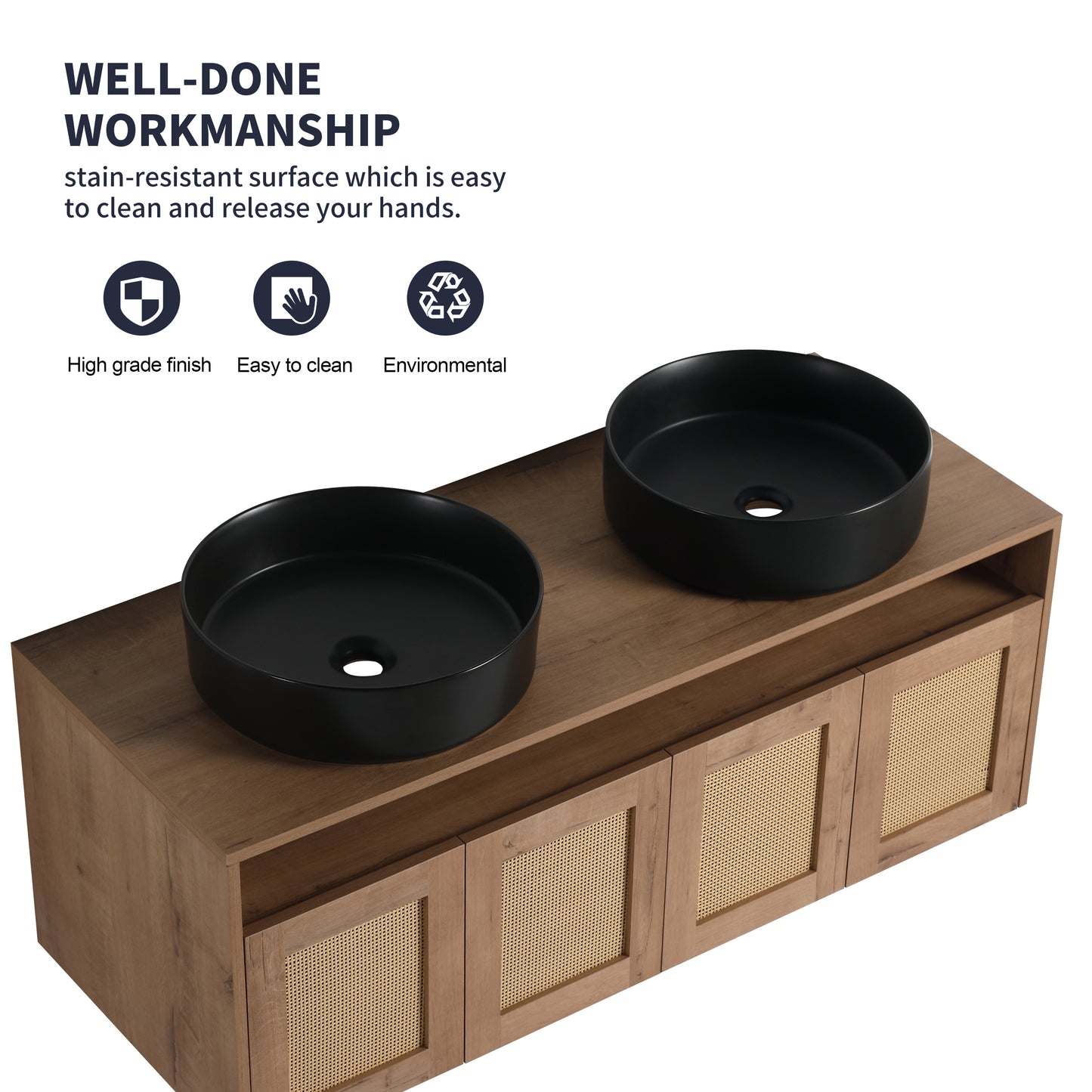 48' Bathroom Vanity with Black Ceramic Art Sink, 4-Soft Close Door, Float Mounting Design, Plywood (KD-Packing)