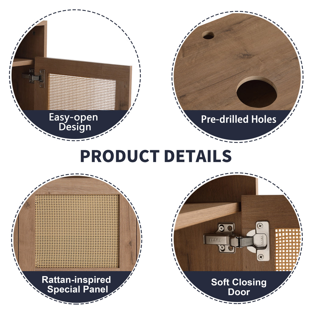 48' Bathroom Vanity with Black Ceramic Art Sink, 4-Soft Close Door, Float Mounting Design, Plywood (KD-Packing)