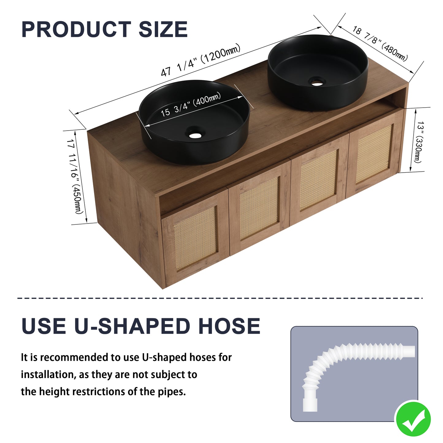48' Bathroom Vanity with Black Ceramic Art Sink, 4-Soft Close Door, Float Mounting Design, Plywood (KD-Packing)
