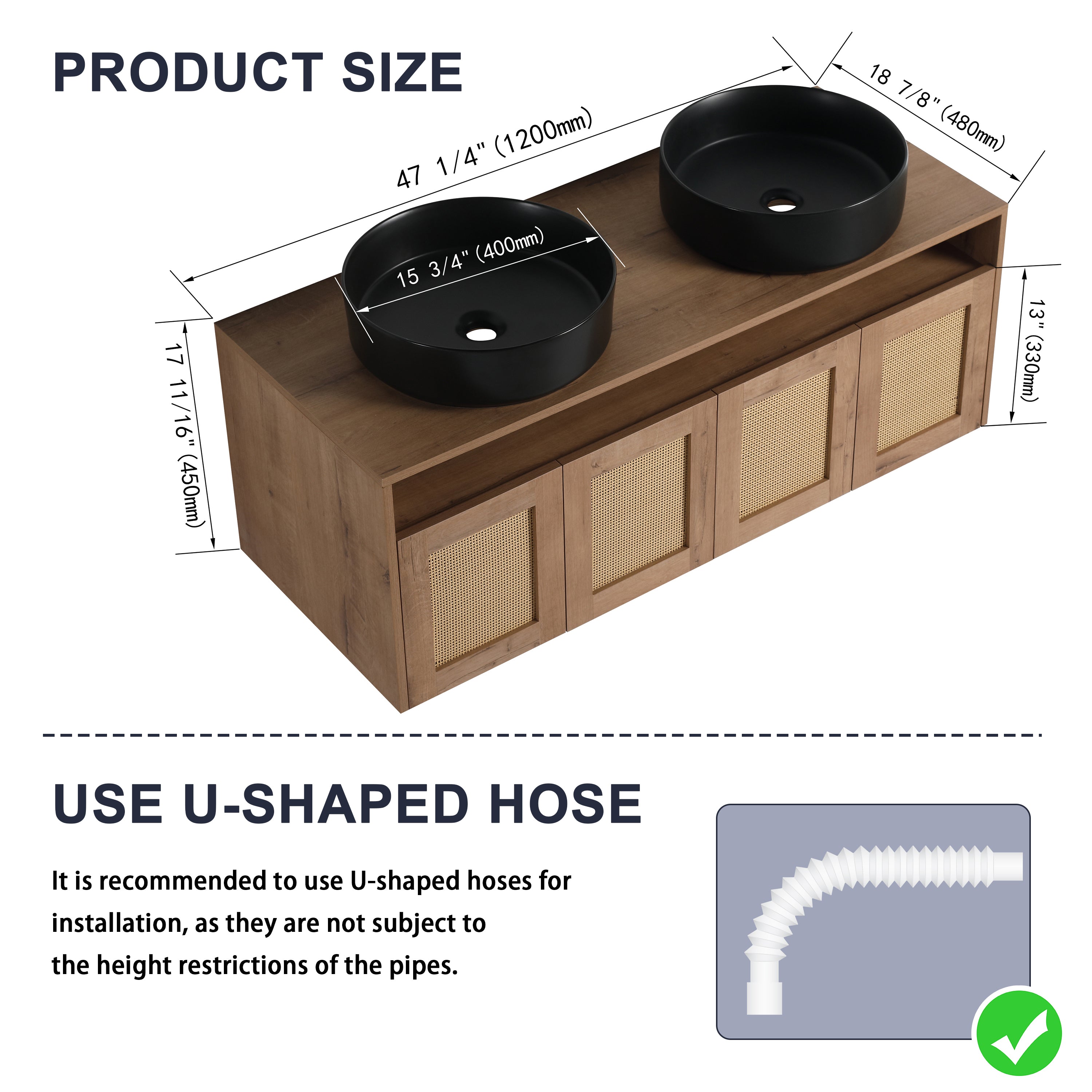 48' Bathroom Vanity with Black Ceramic Art Sink, 4-Soft Close Door, Float Mounting Design, Plywood (KD-Packing)