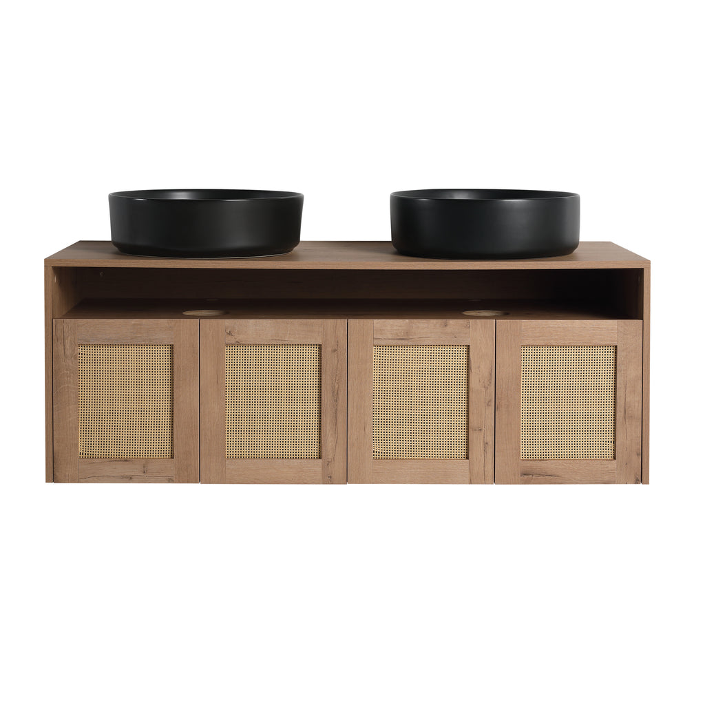 48' Bathroom Vanity with Black Ceramic Art Sink, 4-Soft Close Door, Float Mounting Design, Plywood (KD-Packing)