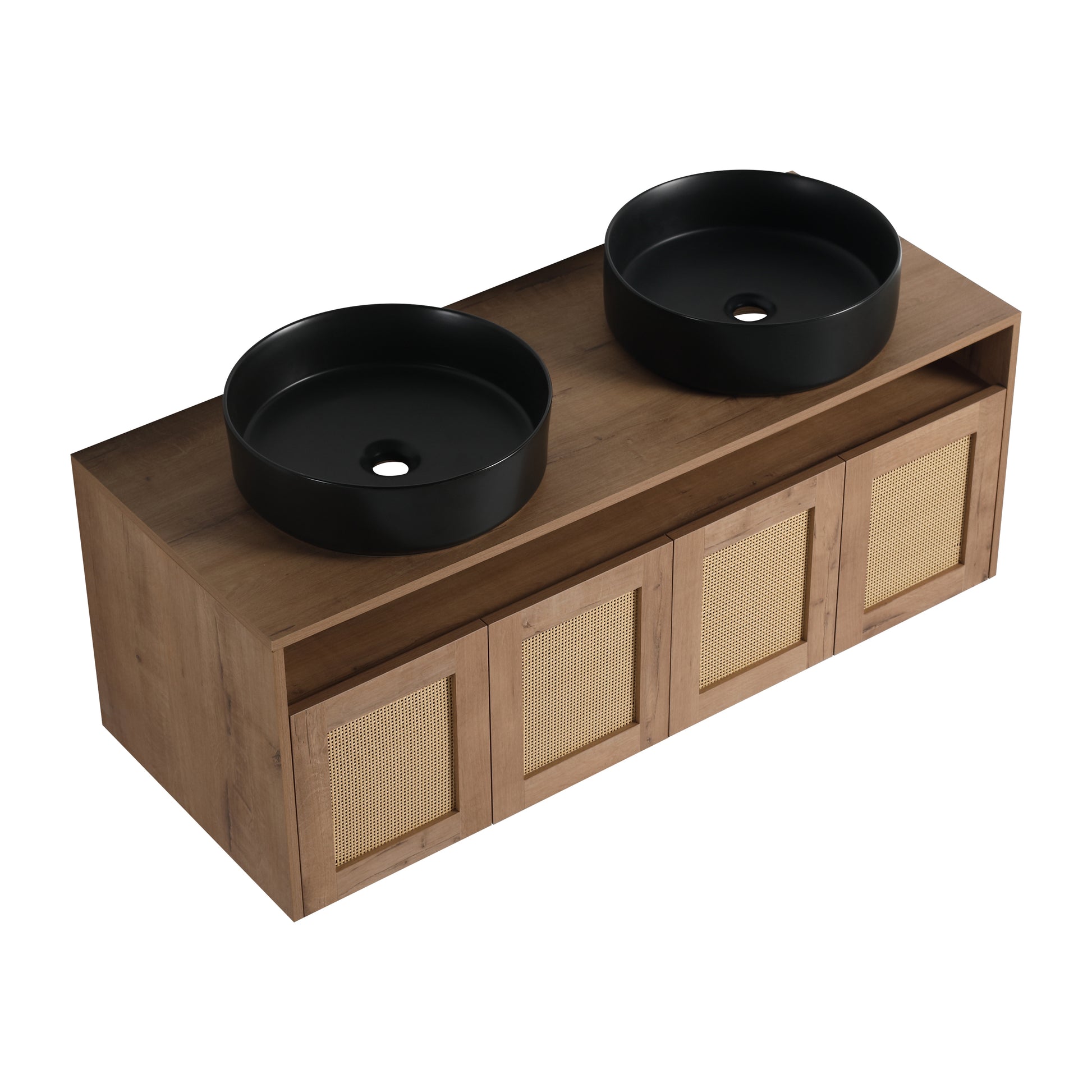 48' Bathroom Vanity with Black Ceramic Art Sink, 4-Soft Close Door, Float Mounting Design, Plywood (KD-Packing)