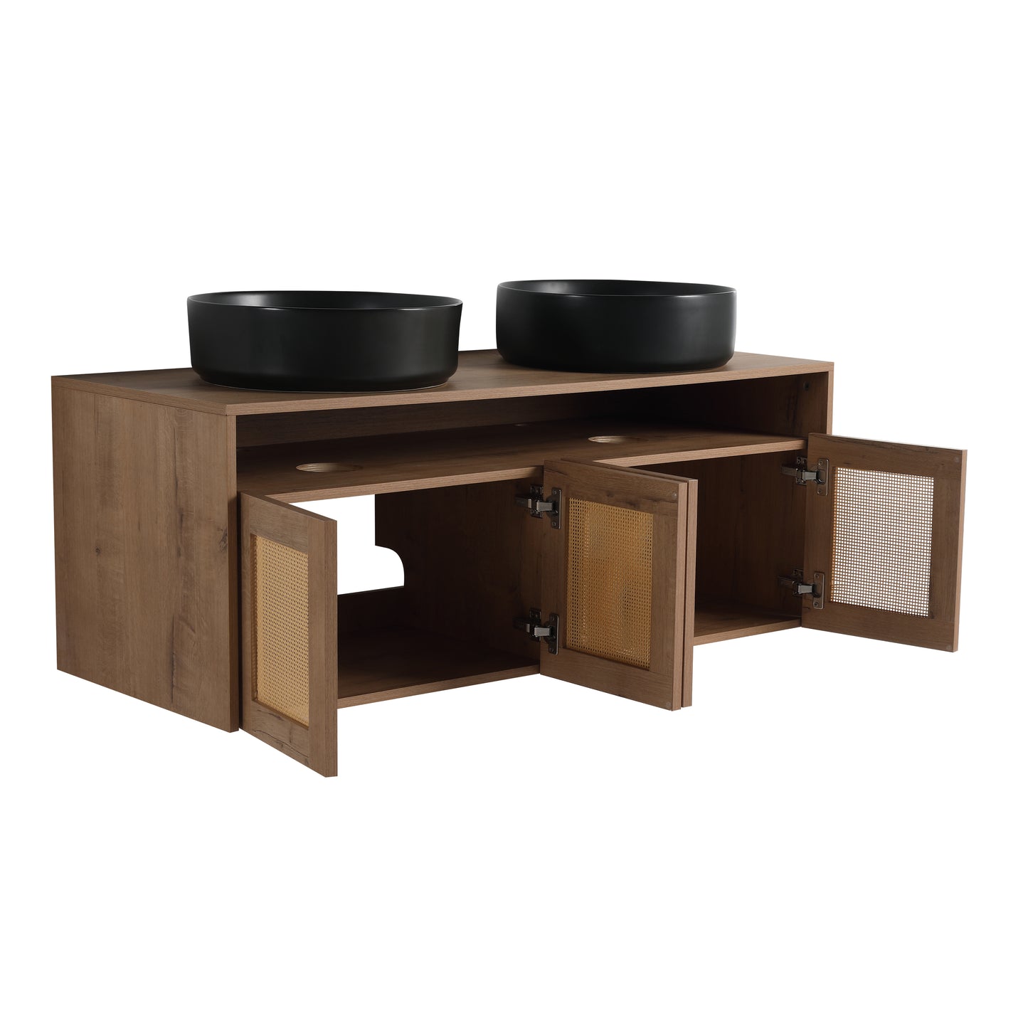 48' Bathroom Vanity with Black Ceramic Art Sink, 4-Soft Close Door, Float Mounting Design, Plywood (KD-Packing)