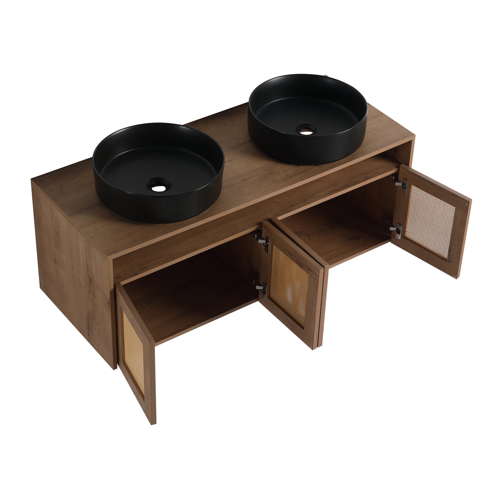 48' Bathroom Vanity with Black Ceramic Art Sink, 4-Soft Close Door, Float Mounting Design, Plywood (KD-Packing)