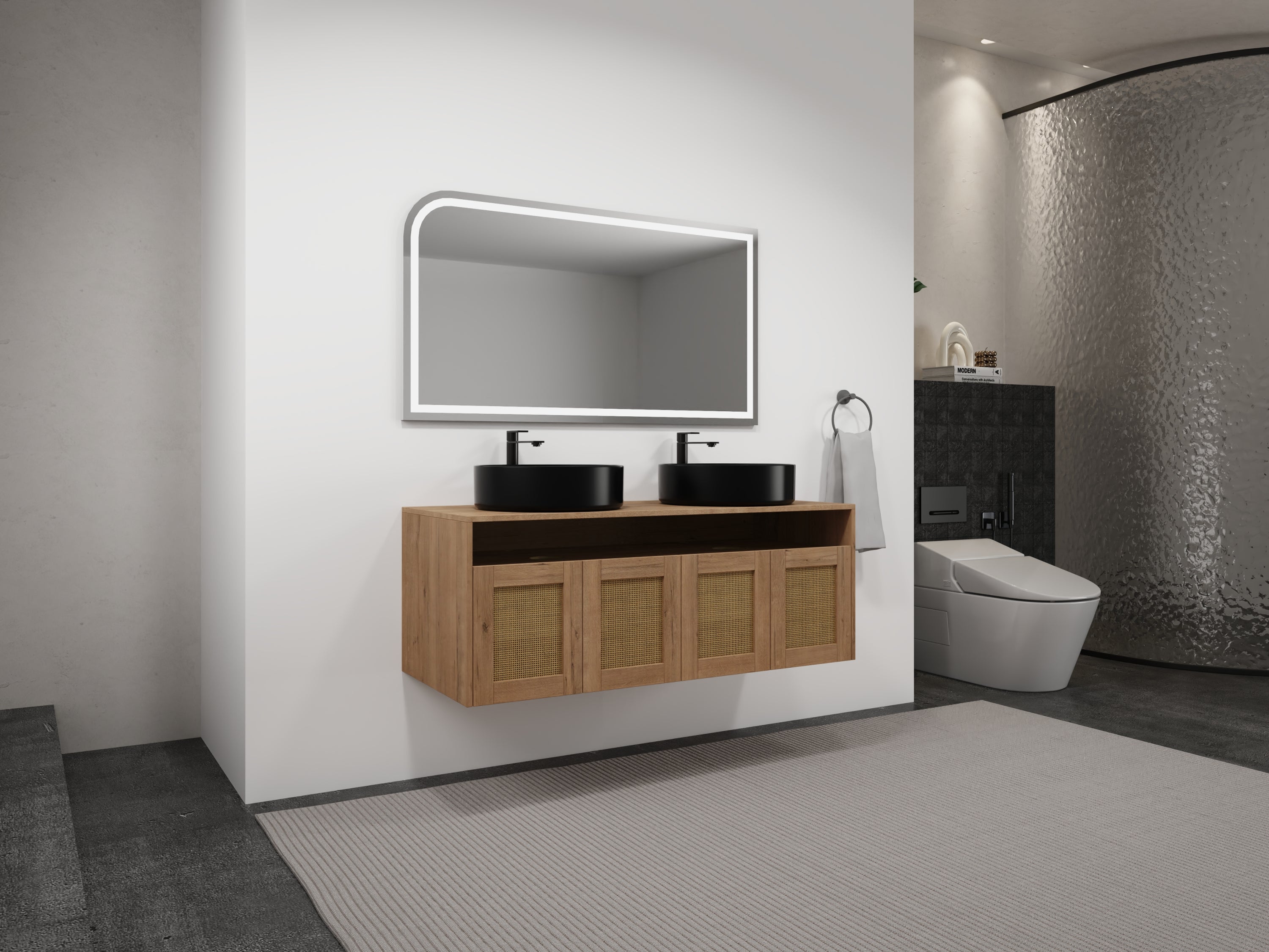 48' Bathroom Vanity with Black Ceramic Art Sink, 4-Soft Close Door, Float Mounting Design, Plywood (KD-Packing)