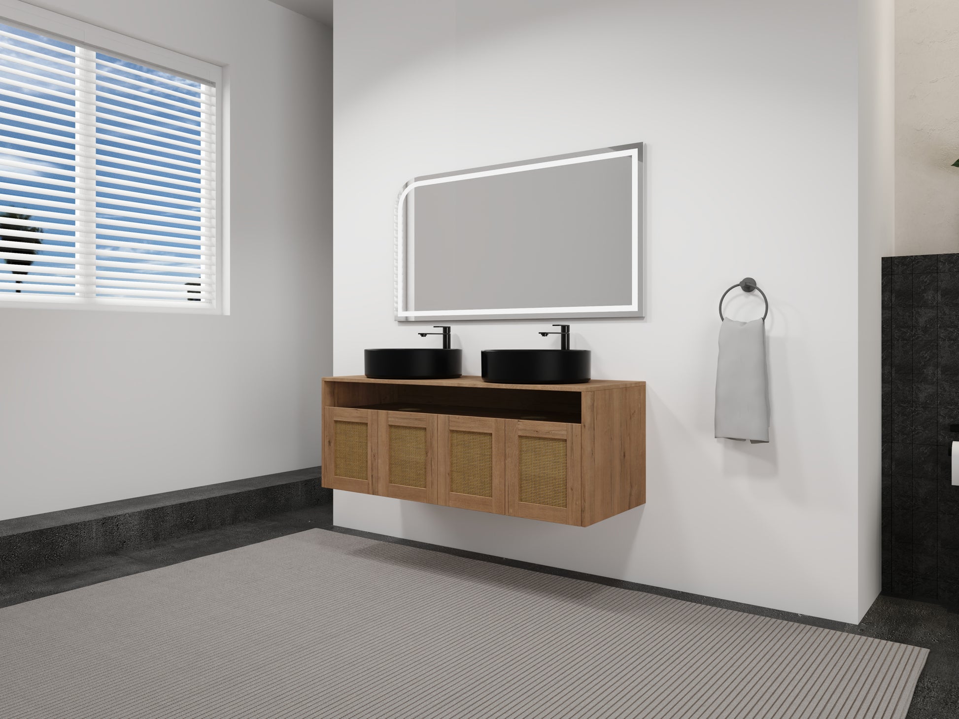 48' Bathroom Vanity with Black Ceramic Art Sink, 4-Soft Close Door, Float Mounting Design, Plywood (KD-Packing)