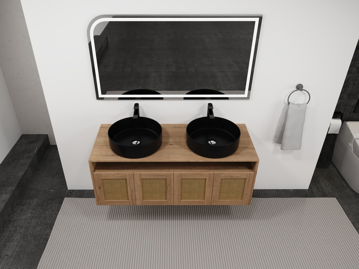 48' Bathroom Vanity with Black Ceramic Art Sink, 4-Soft Close Door, Float Mounting Design, Plywood (KD-Packing)