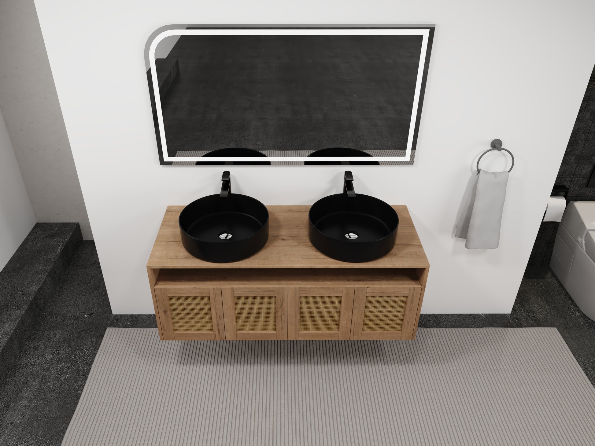 48' Bathroom Vanity with Black Ceramic Art Sink, 4-Soft Close Door, Float Mounting Design, Plywood (KD-Packing)
