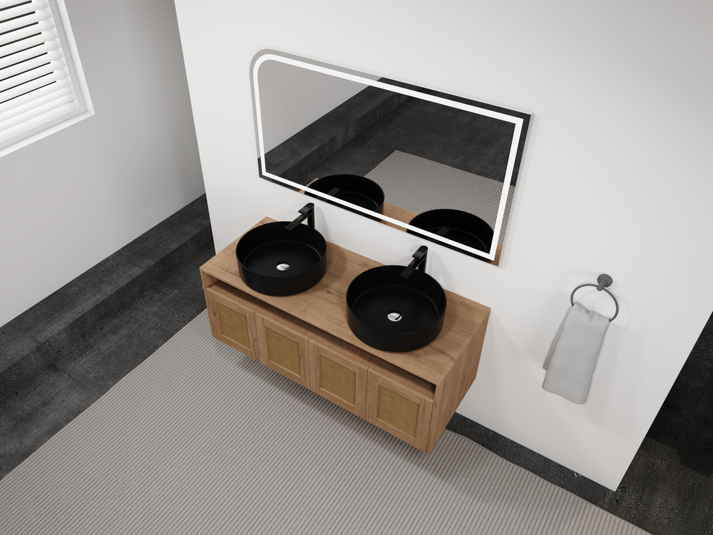 48' Bathroom Vanity with Black Ceramic Art Sink, 4-Soft Close Door, Float Mounting Design, Plywood (KD-Packing)