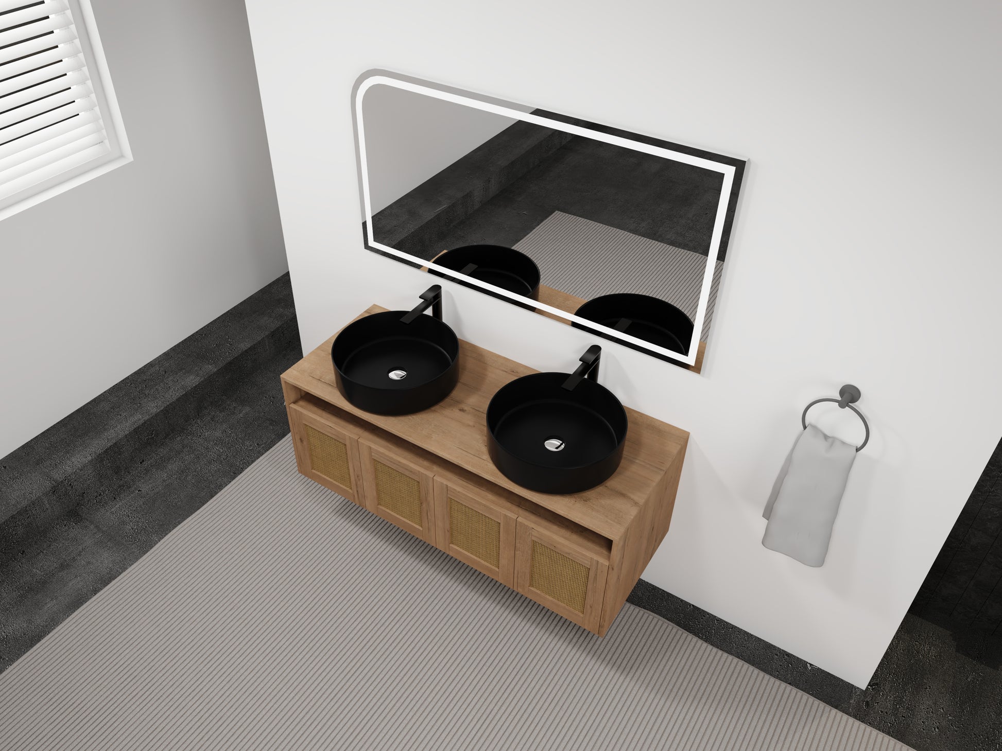 48' Bathroom Vanity with Black Ceramic Art Sink, 4-Soft Close Door, Float Mounting Design, Plywood (KD-Packing)