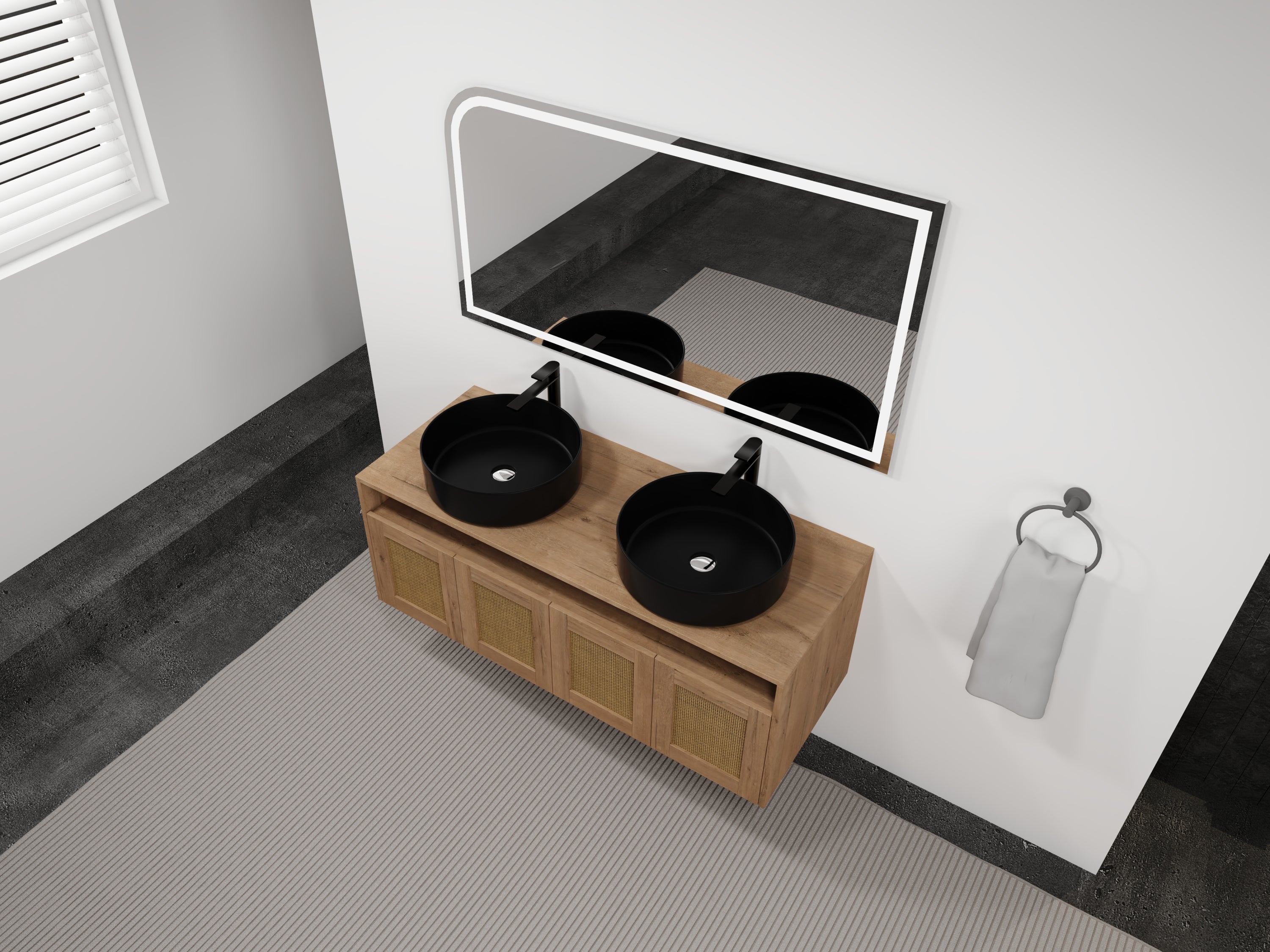 48' Bathroom Vanity with Black Ceramic Art Sink, 4-Soft Close Door, Float Mounting Design, Plywood (KD-Packing)
