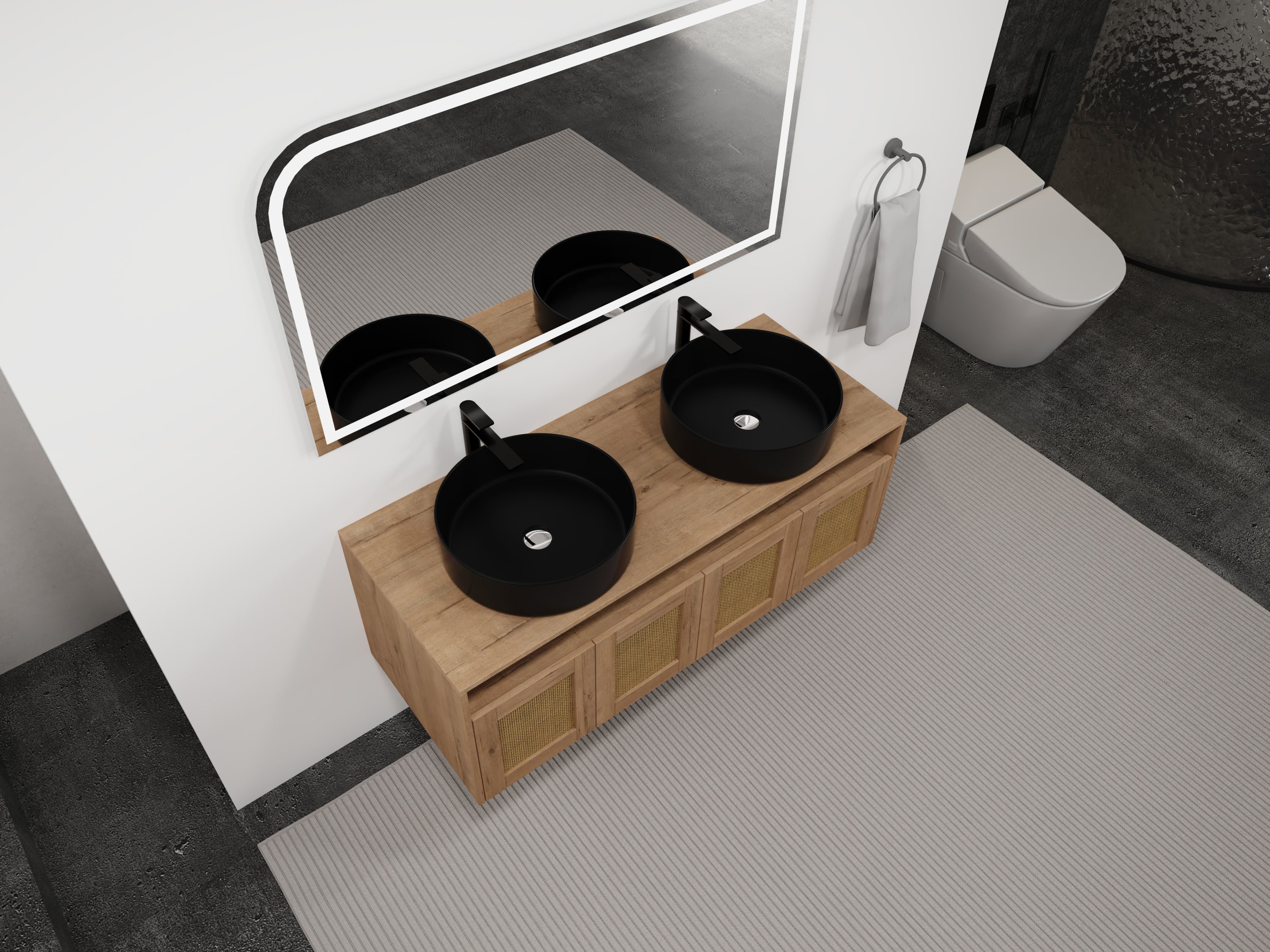 48' Bathroom Vanity with Black Ceramic Art Sink, 4-Soft Close Door, Float Mounting Design, Plywood (KD-Packing)