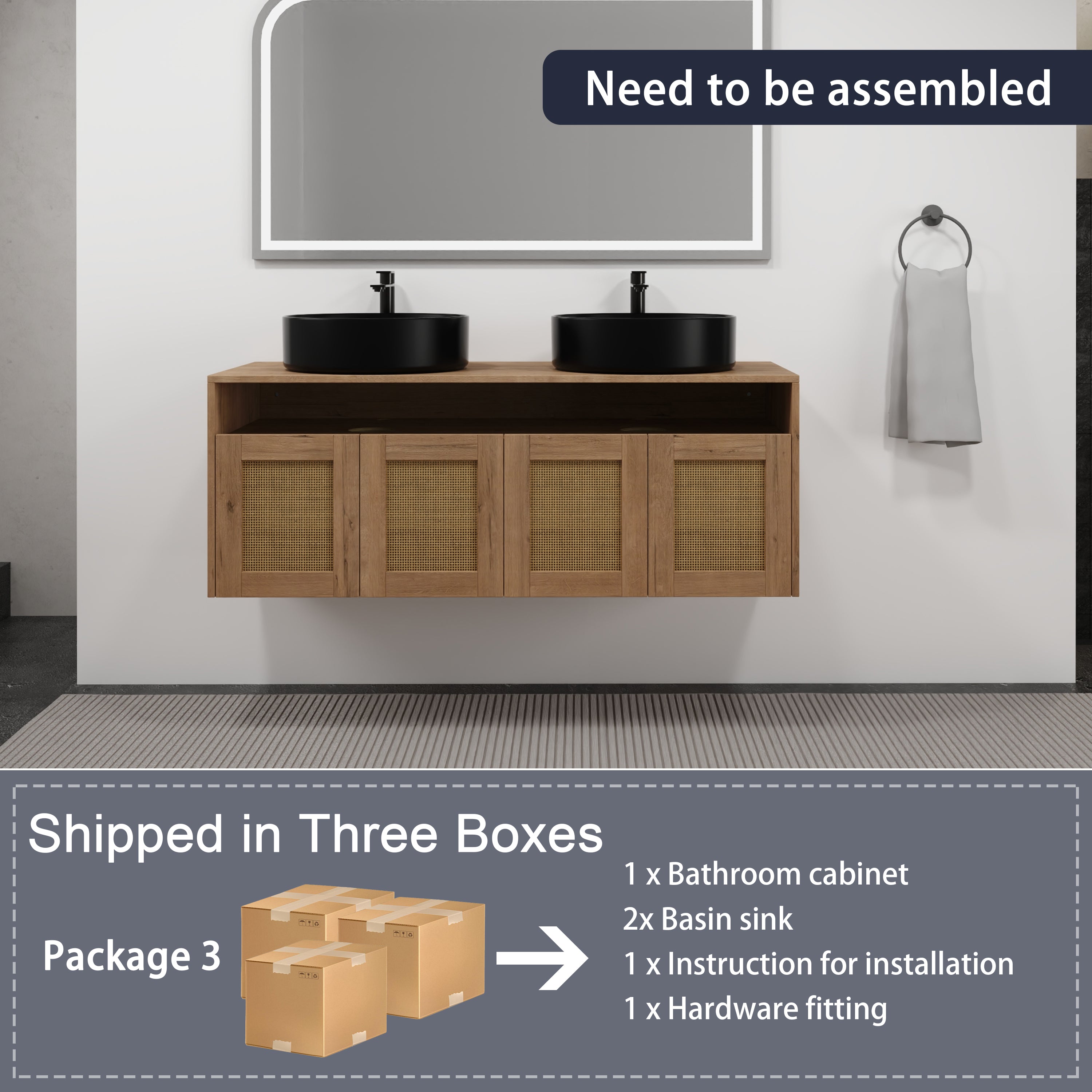 48' Bathroom Vanity with Black Ceramic Art Sink, 4-Soft Close Door, Float Mounting Design, Plywood (KD-Packing)