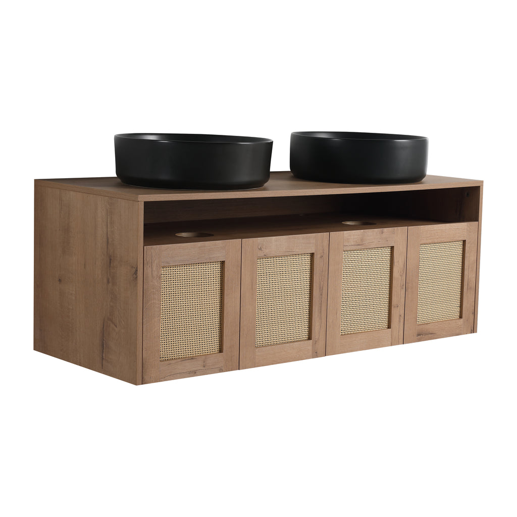 48' Bathroom Vanity with Black Ceramic Art Sink, 4-Soft Close Door, Float Mounting Design, Plywood (KD-Packing)