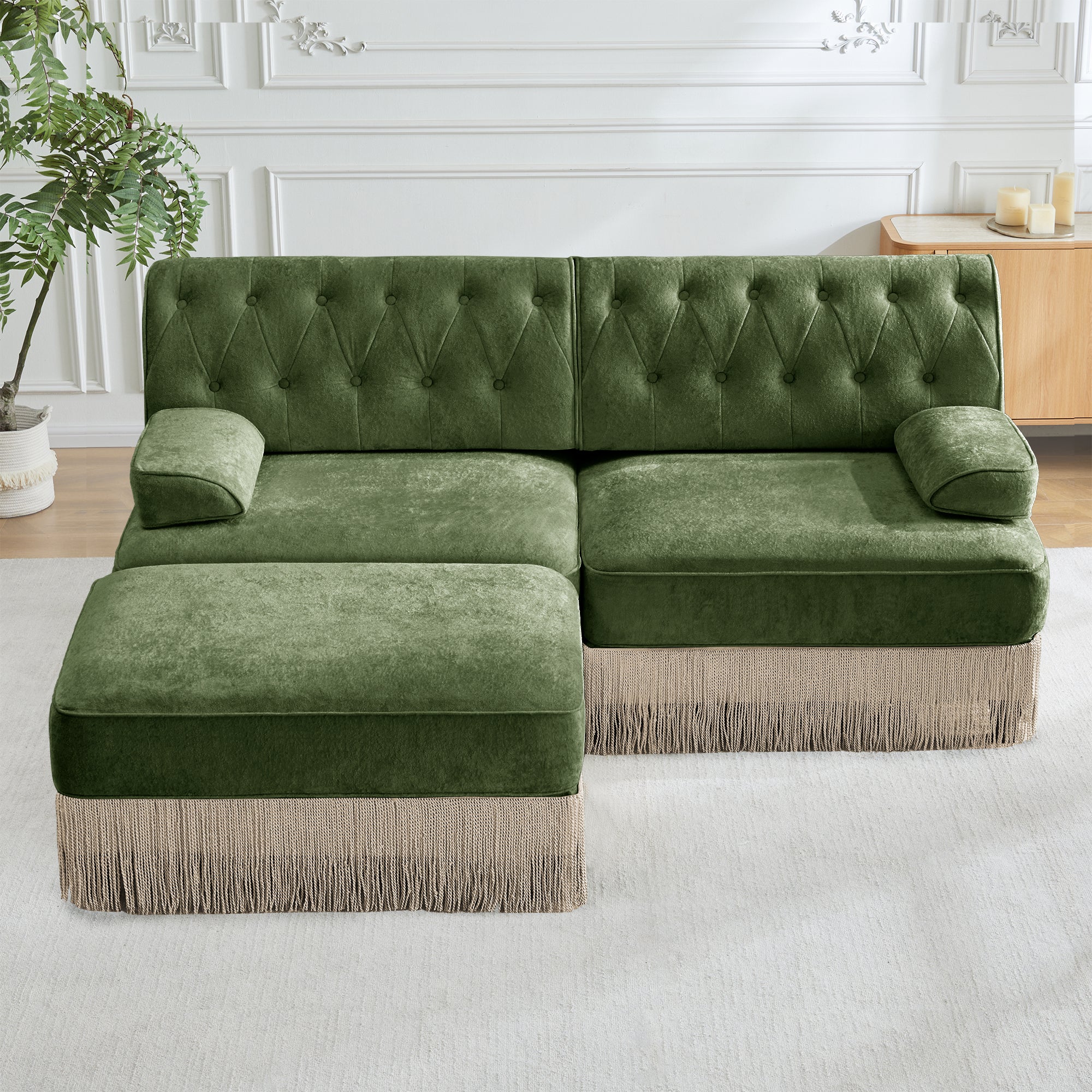 Modular Velvet Sofa in Green with Tassel Skirt