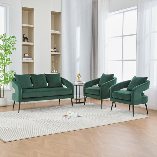 Mid Century Modern 3-Piece Velvet Upholstered Sofa Set with Metal Legs, Green, Loveseat & 2 Accent Chairs for Small Living Spaces.