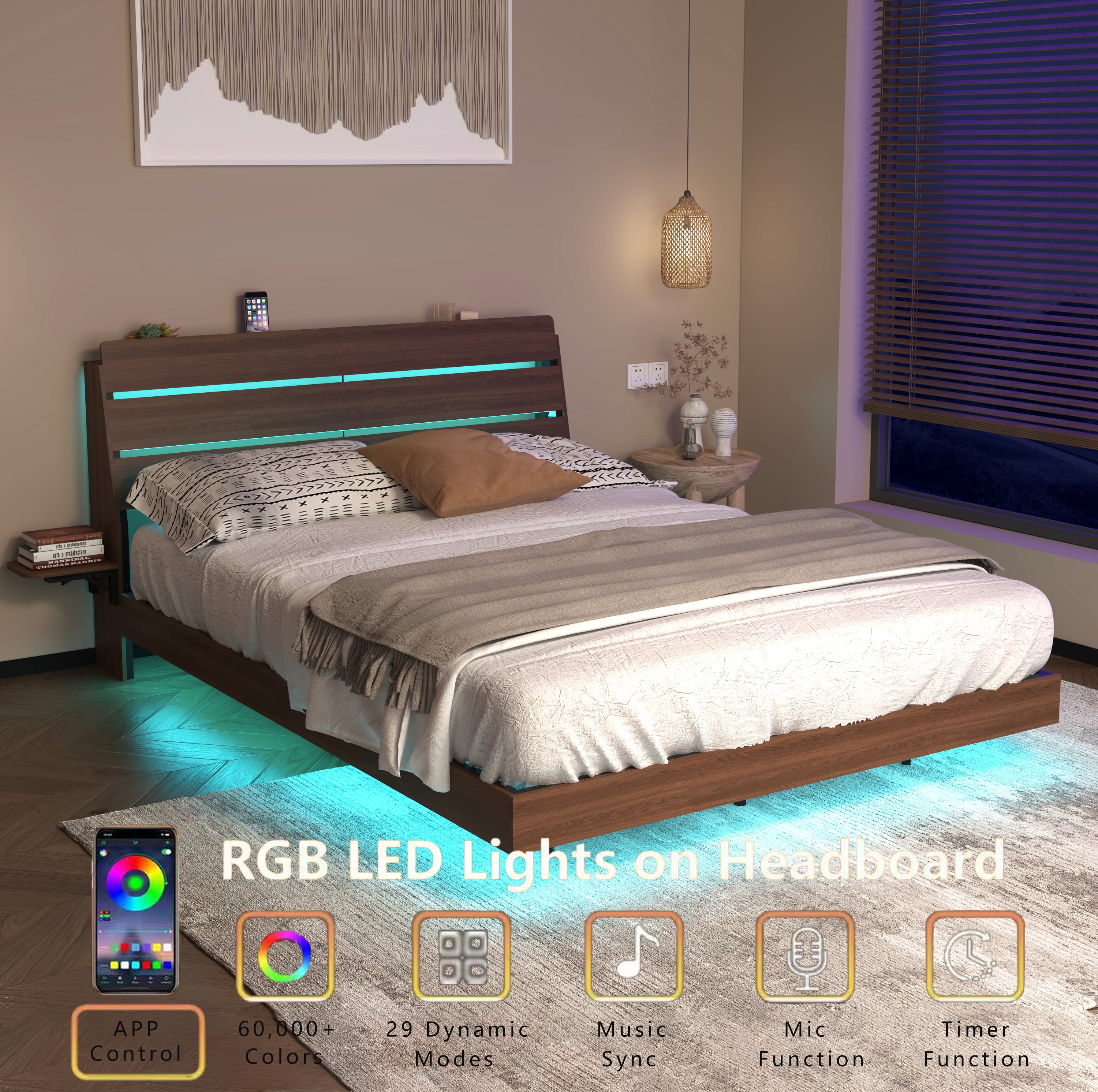 Floating queen bed frame with RGB LED lights on headboard and underbed, app-controlled with music sync and timer functions.