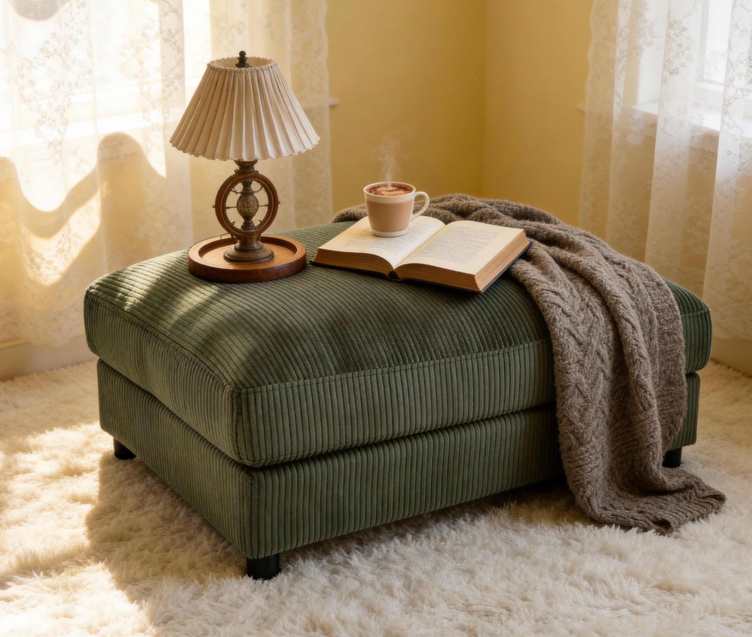 Dark Green Corduroy Rectangular Ottoman - 40-Inch Modern Footstool