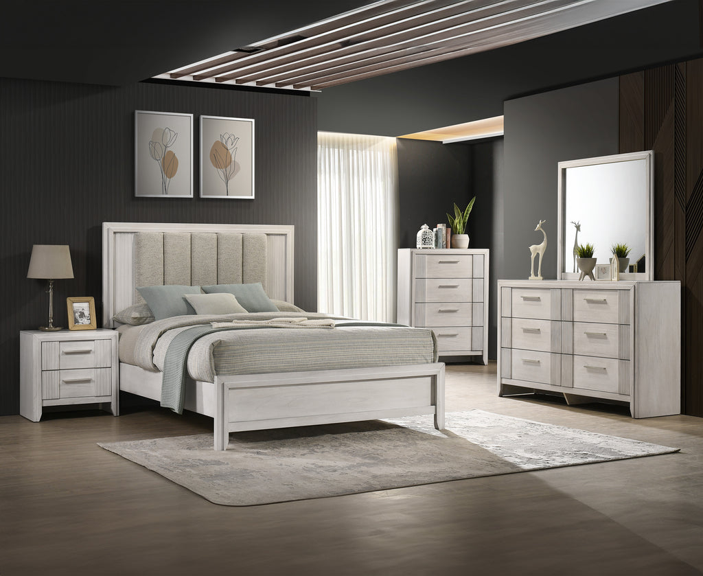 Full bedroom set featuring queen size bed with white finish and upholstered headboard, dresser, chest, and nightstands in modern decor.