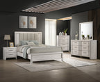 Full bedroom set featuring contemporary white nightstand, bed, dresser, and chest, designed for cohesive modern bedroom décor.