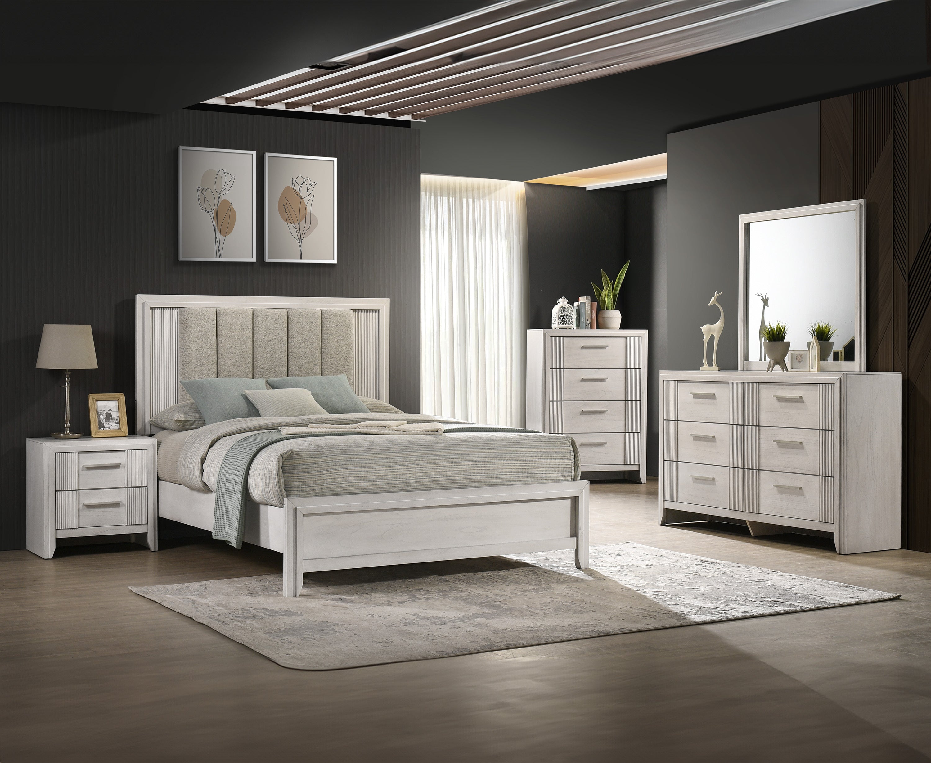 Full bedroom set featuring contemporary white nightstand, bed, dresser, and chest, designed for cohesive modern bedroom décor.