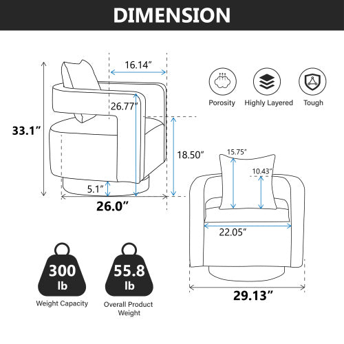 Dimension chart for Swivel Accent Chair Linen Blend - Weathered Base with measurements and weight capacity for easy planning.