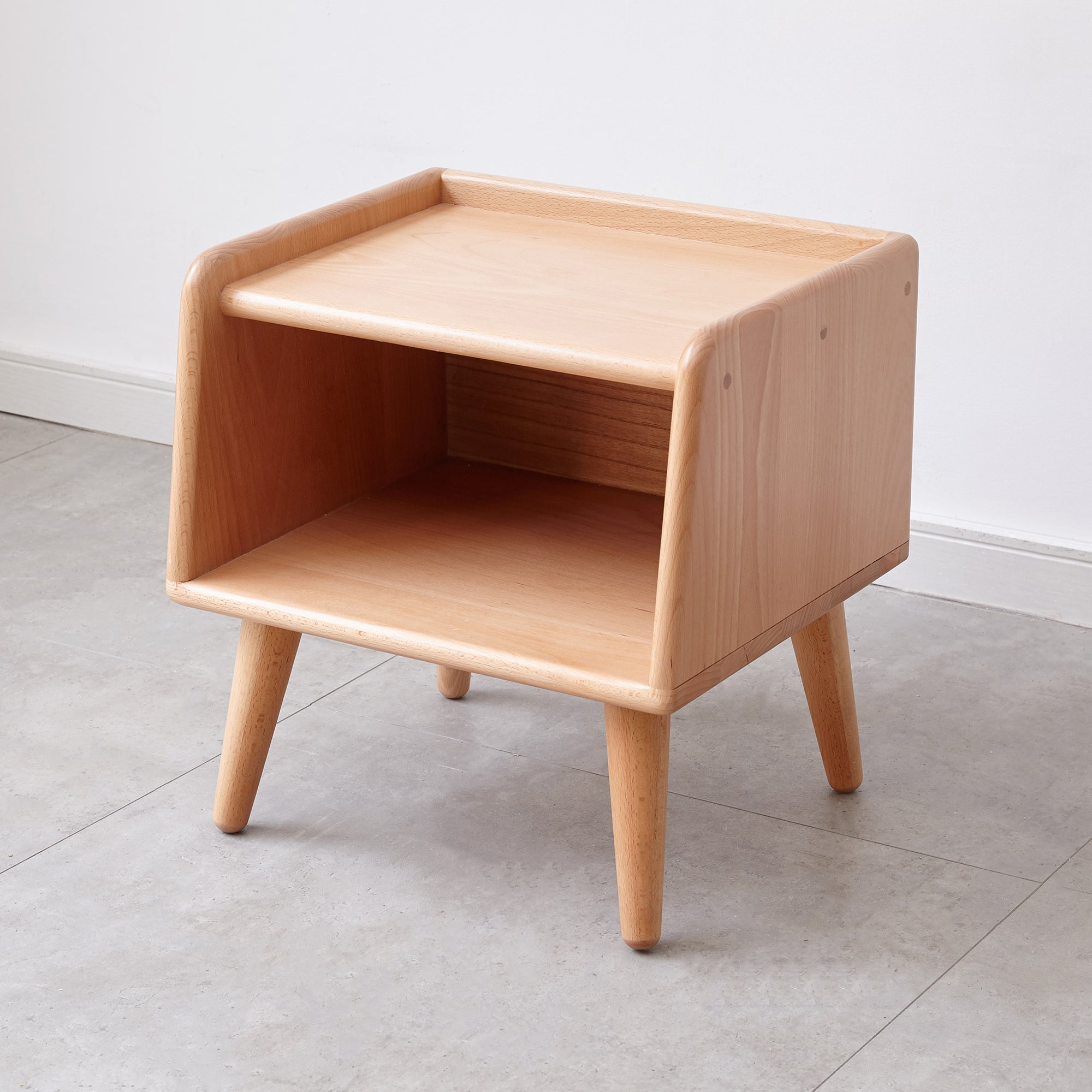 Solid Wood Bedside Cabinet - Nordic Storage with open shelf design in beechwood, perfect for modern minimalist bedrooms.
