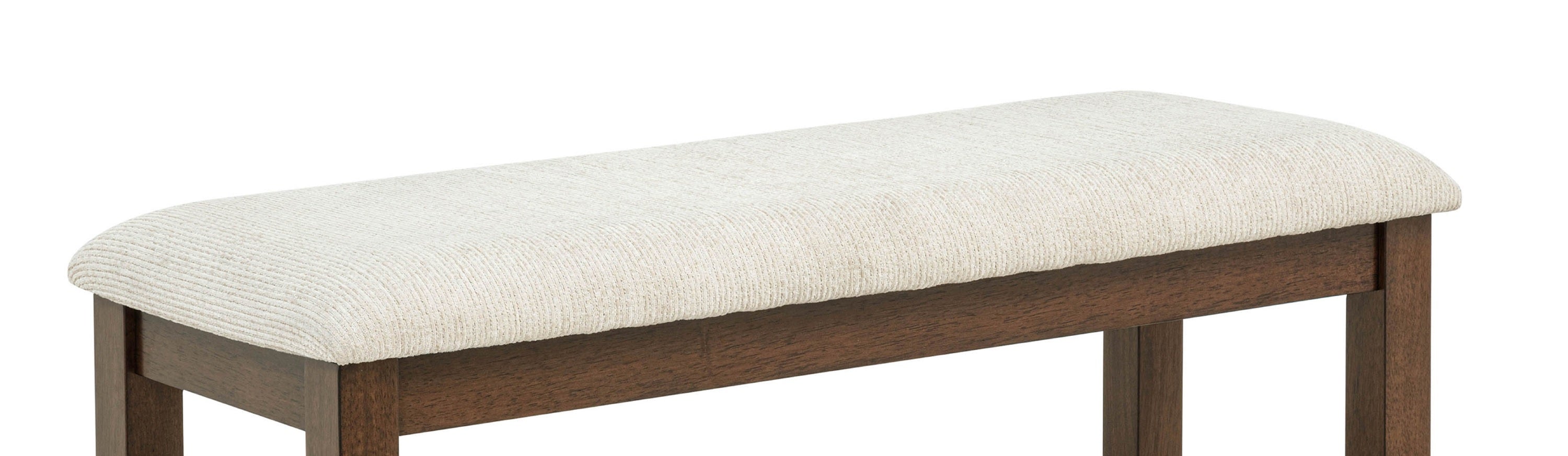 Close-up of Dining Room Bench - Contemporary Wood Finish highlighting the soft beige upholstery and smooth wood craftsmanship.