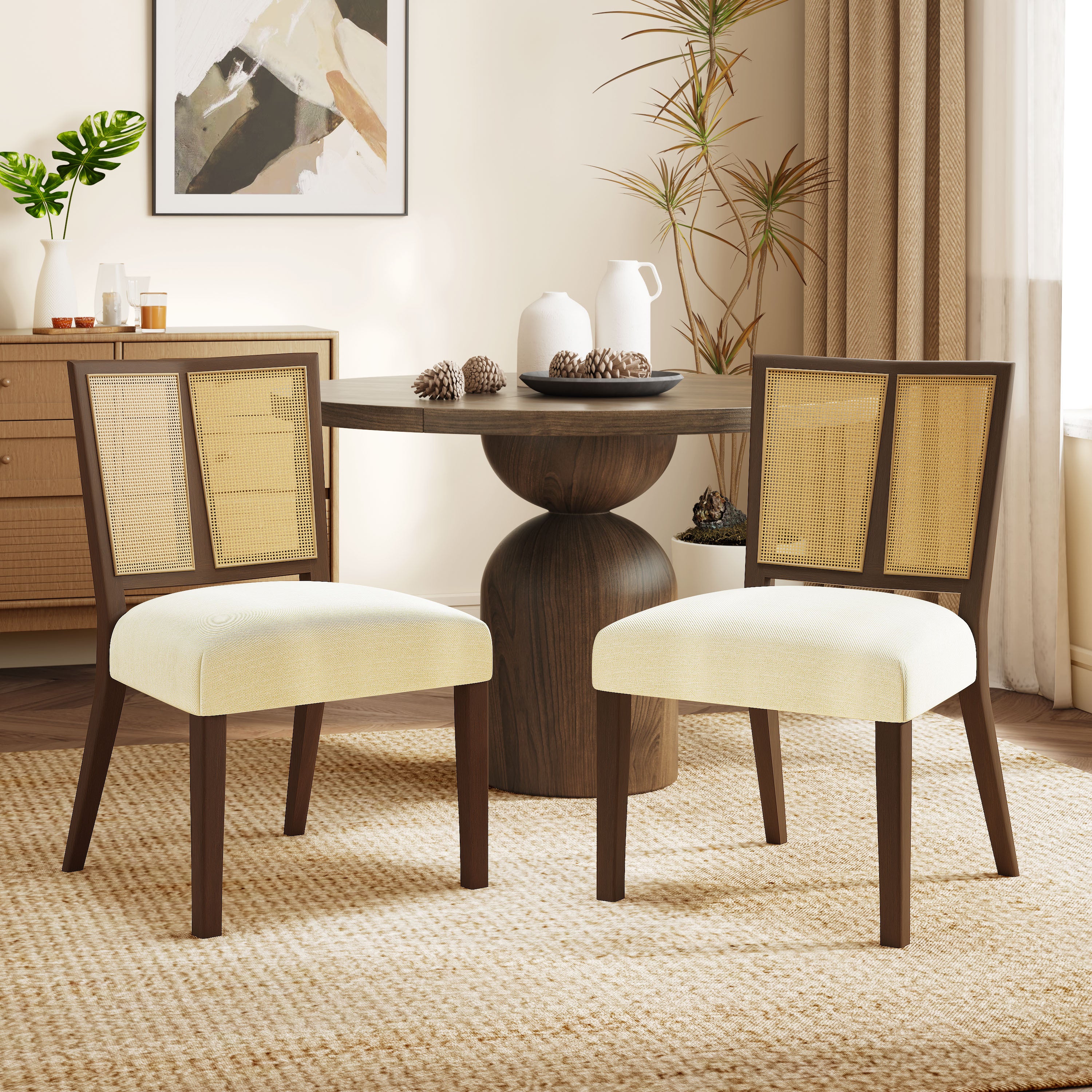 Mid-century dining chair set with rattan backrests and white upholstered seats, styled in a modern dining room with wood accents.