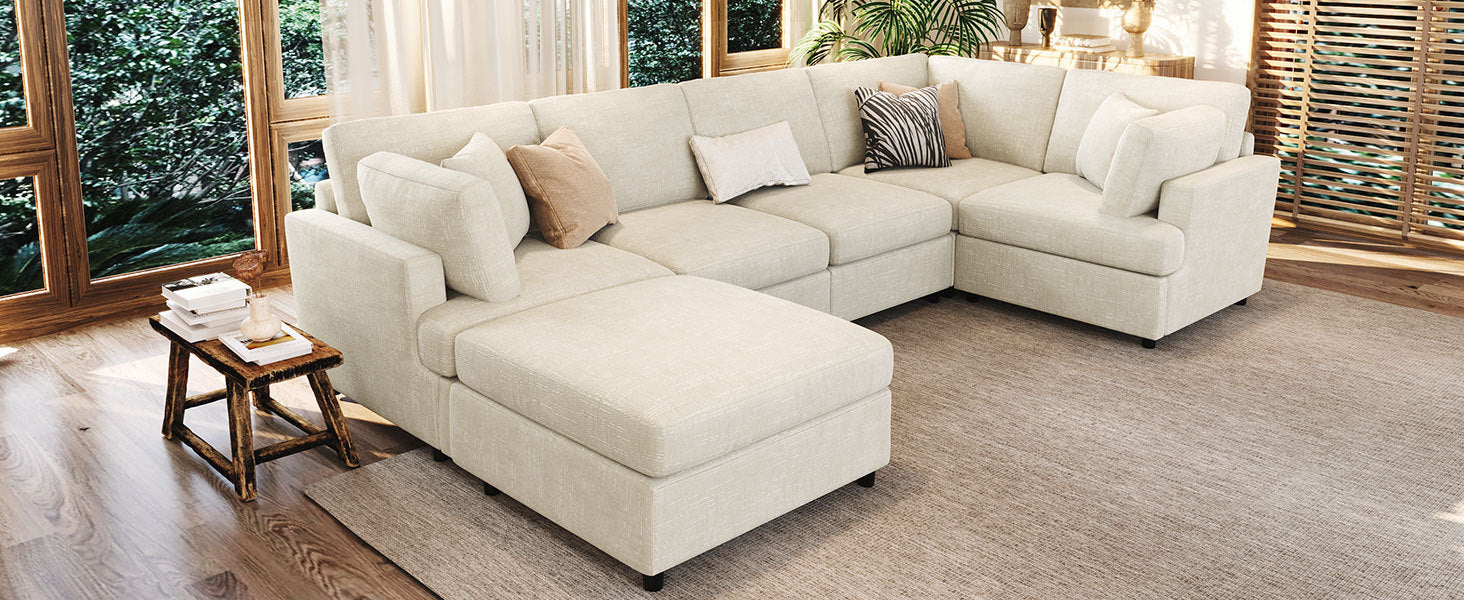 Elegant U-shaped sectional sofa with ottoman in a bright living room, offering cozy seating and modern style.