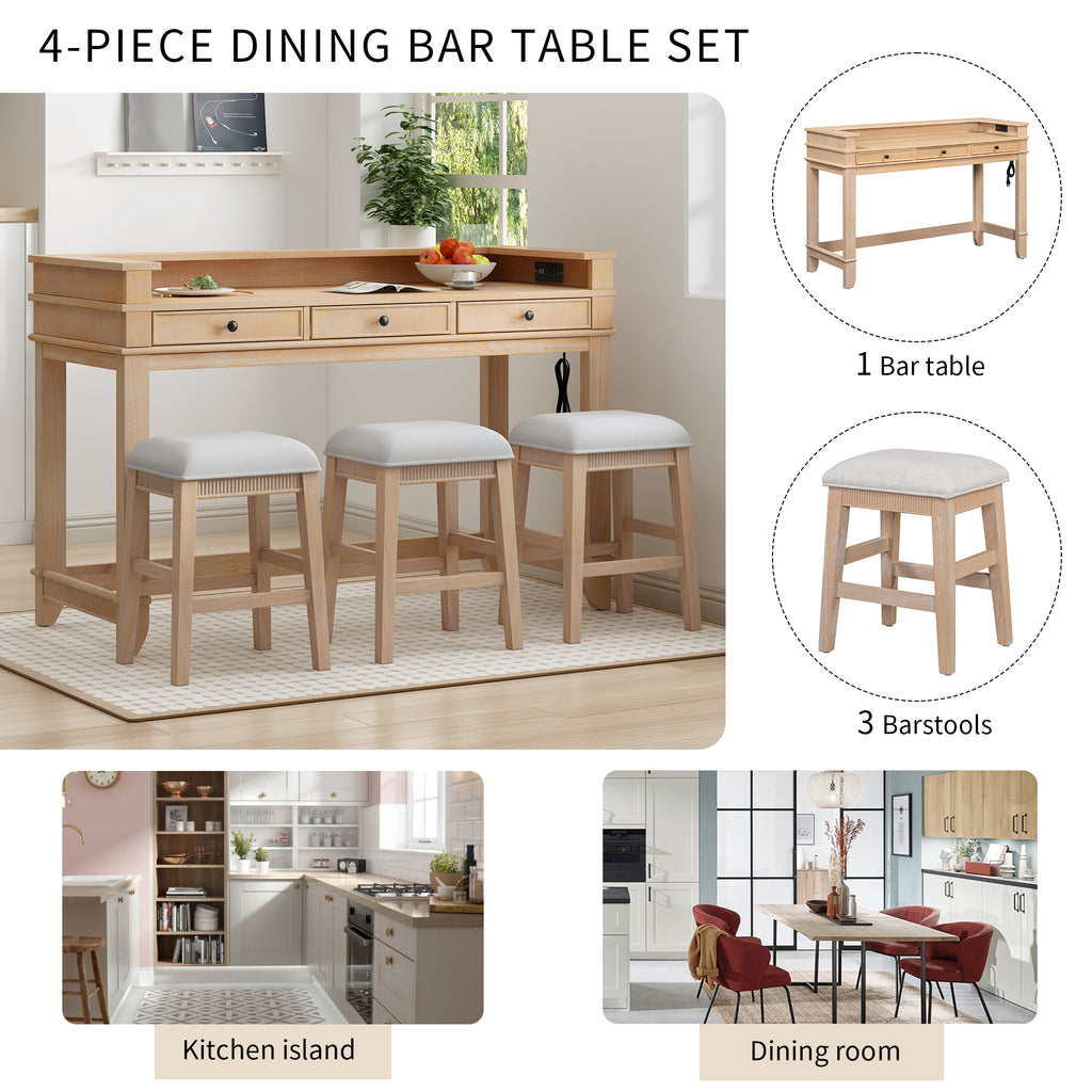 TREXM 4-Piece Dining Table Set for 3, Retro Kitchen Table and Chairs Set with 3 Storage Drawers, Ideal for Small Spaces (Natural)