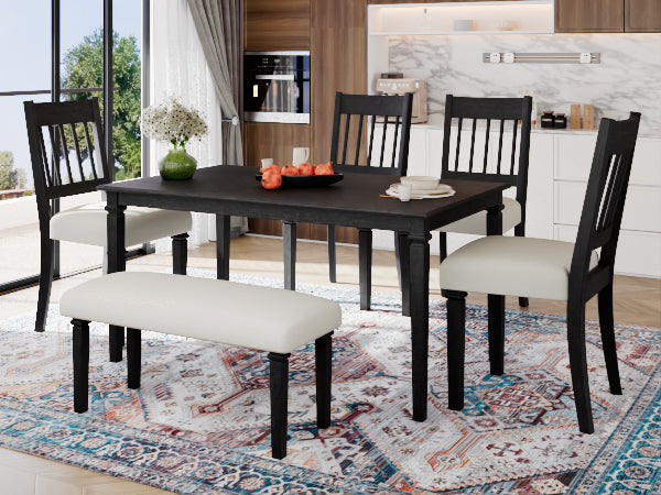 Retro dining set for 6 with wooden table, chairs, and bench placed on patterned rug in modern kitchen, perfect for compact spaces.