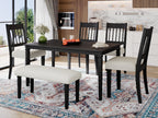 Retro dining set for 6 with wooden table, chairs, and bench placed on patterned rug in modern kitchen, perfect for compact spaces.