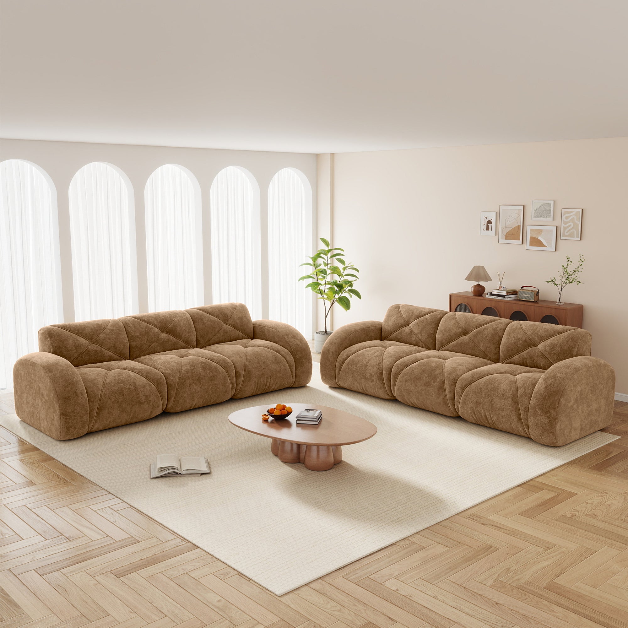 Camel 6-Seater Velvet Sofa Set with High-Density Foam Comfort