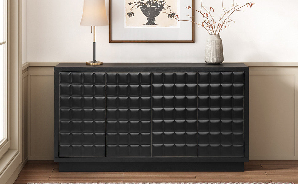 Front view of 4-Door Storage Cabinet with geometric door design and metal trim, ideal for modern home organization.