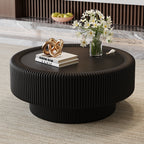 32-Inch Fluted Black Leather Round Coffee Table with Glass Top