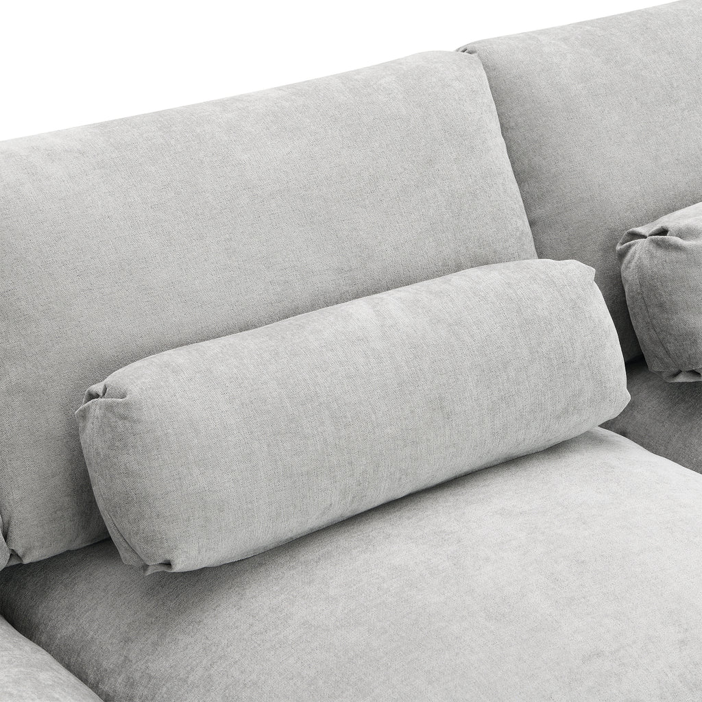 Chenille Modular Sofa - U-Shaped Couch with Storage features a soft chenille backrest and cylindrical lumbar pillow for added comfort.