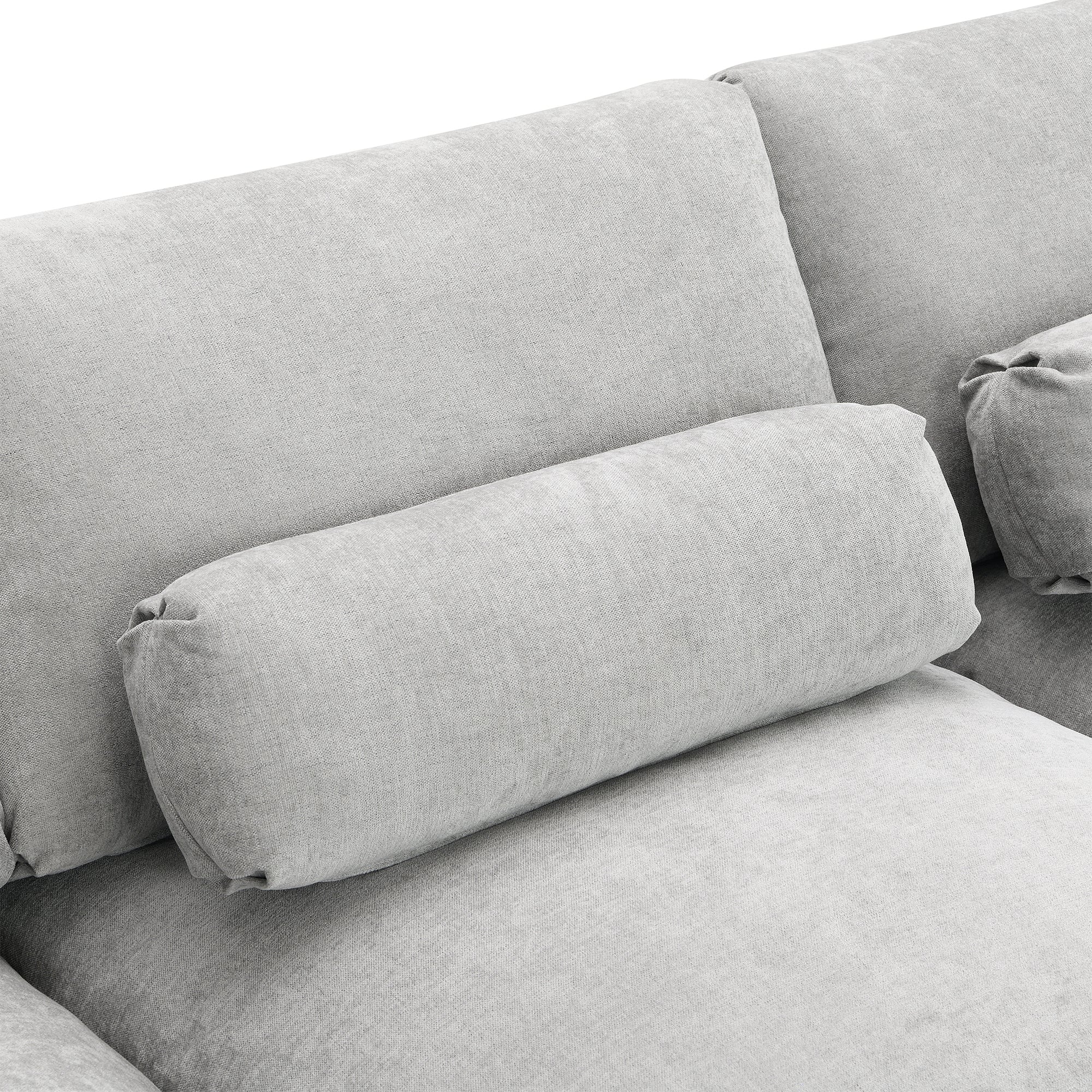 Chenille Modular Sofa - U-Shaped Couch with Storage features a soft chenille backrest and cylindrical lumbar pillow for added comfort.