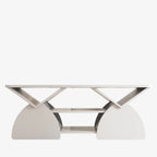 Side profile of engineered wood coffee table with V-shaped storage and curved base. Sleek and sturdy for modern homes.