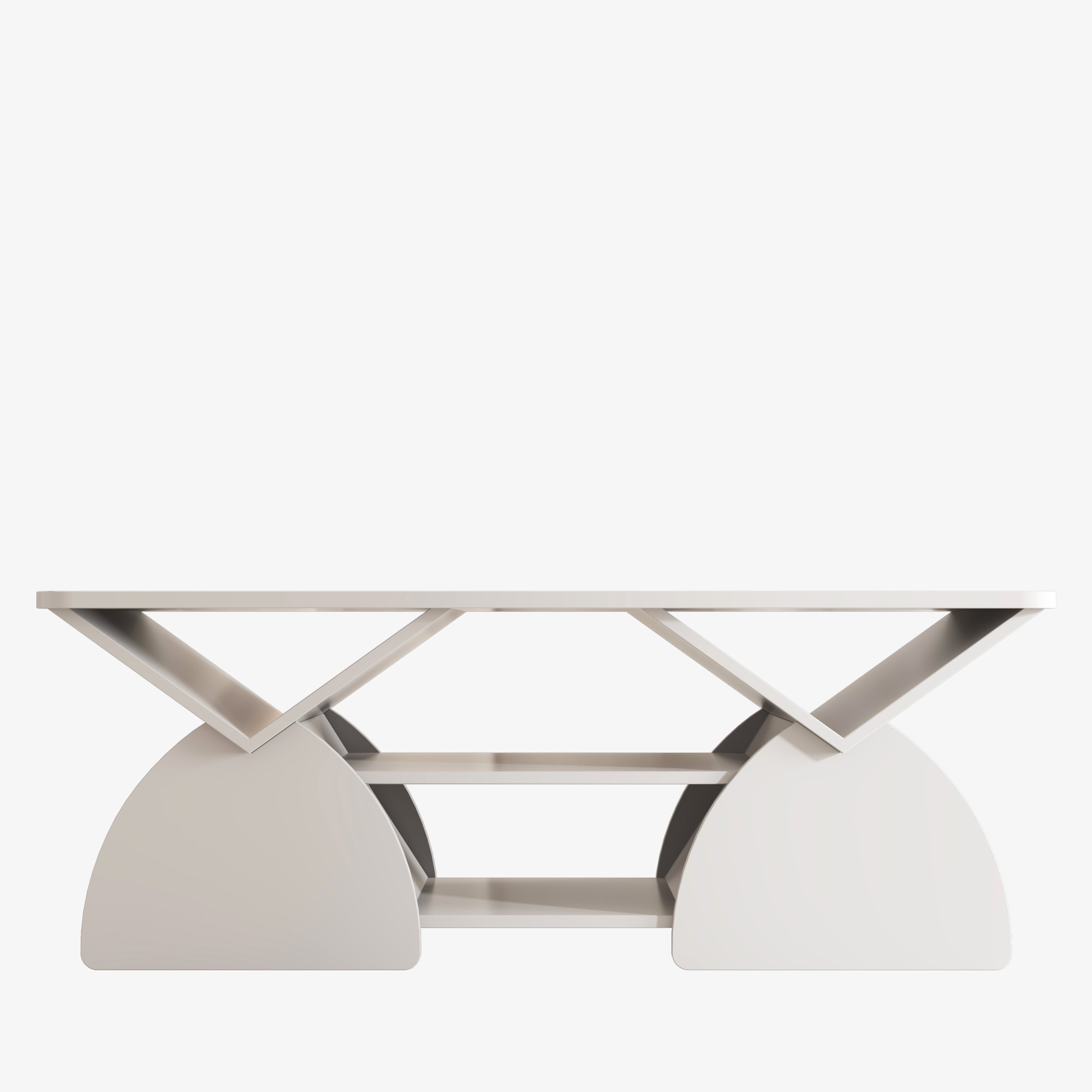Side profile of engineered wood coffee table with V-shaped storage and curved base. Sleek and sturdy for modern homes.