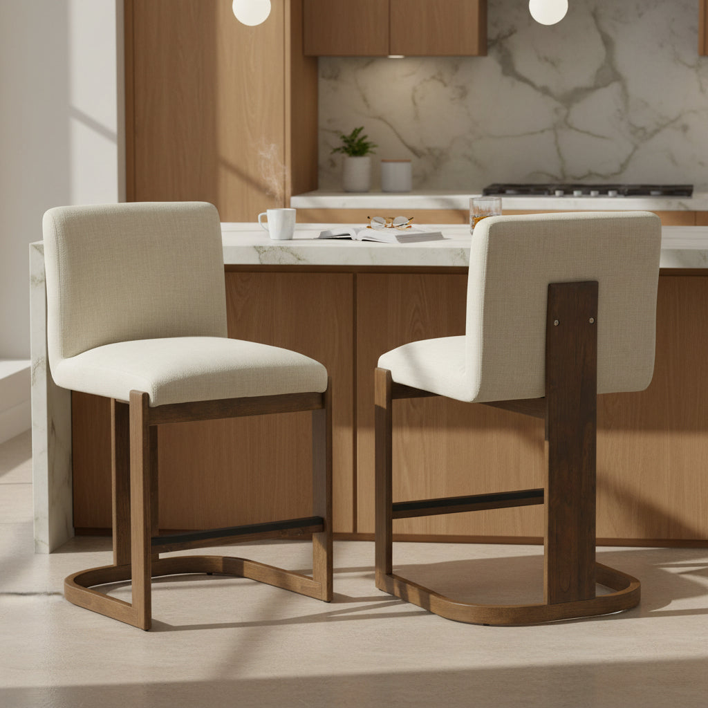 Beige Linen 24-Inch Counter Height Bar Stools with Walnut Wood Legs