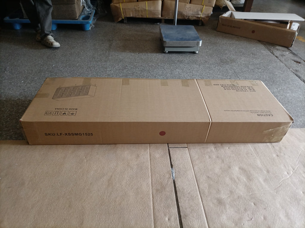 Sealed shipping box for walnut sideboard buffet cabinet, showing compact packaging for convenient transport and assembly.
